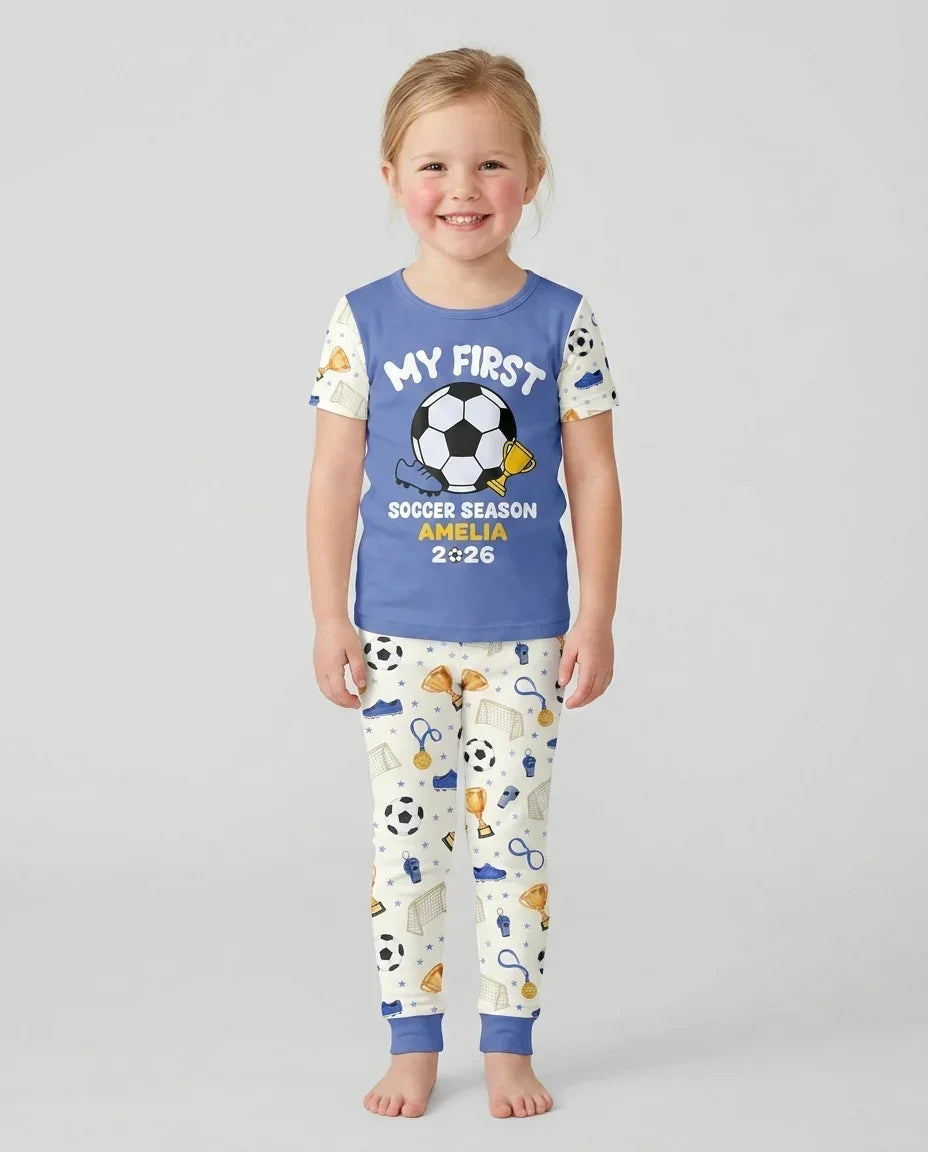 Custom Name My First Soccer Season Bamboo Two Piece Short Sleeve Pajama Set