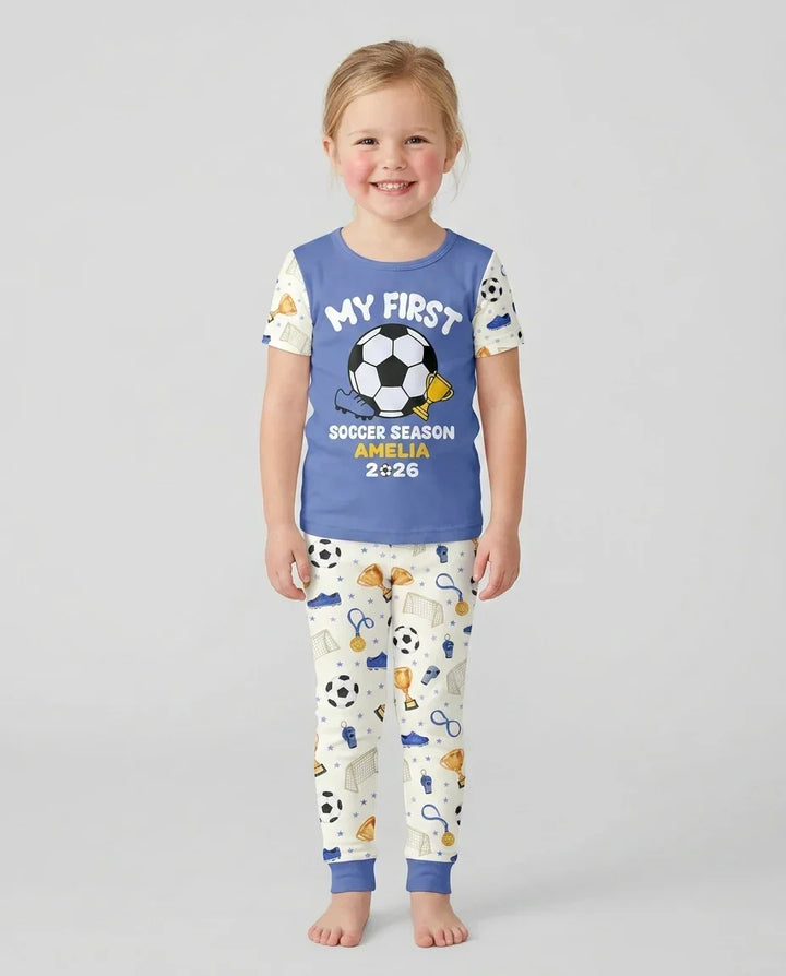 Custom Name My First Soccer Season Bamboo Two Piece Short Sleeve Pajama Set