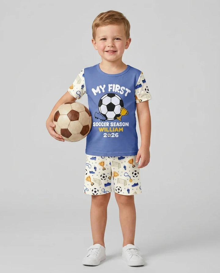 Custom Name My First Soccer Season Bamboo Two Piece Short Sleeve Shorts Pajama Set