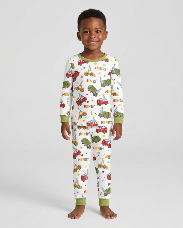 Personalized Birthday Trucks Bamboo Two Piece Long Sleeve Pajama Set