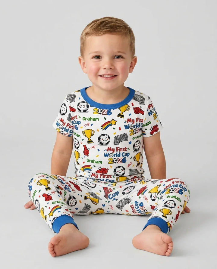 Custom Name My First Soccer Cup Bamboo Two Piece Short Sleeve Pajama Set