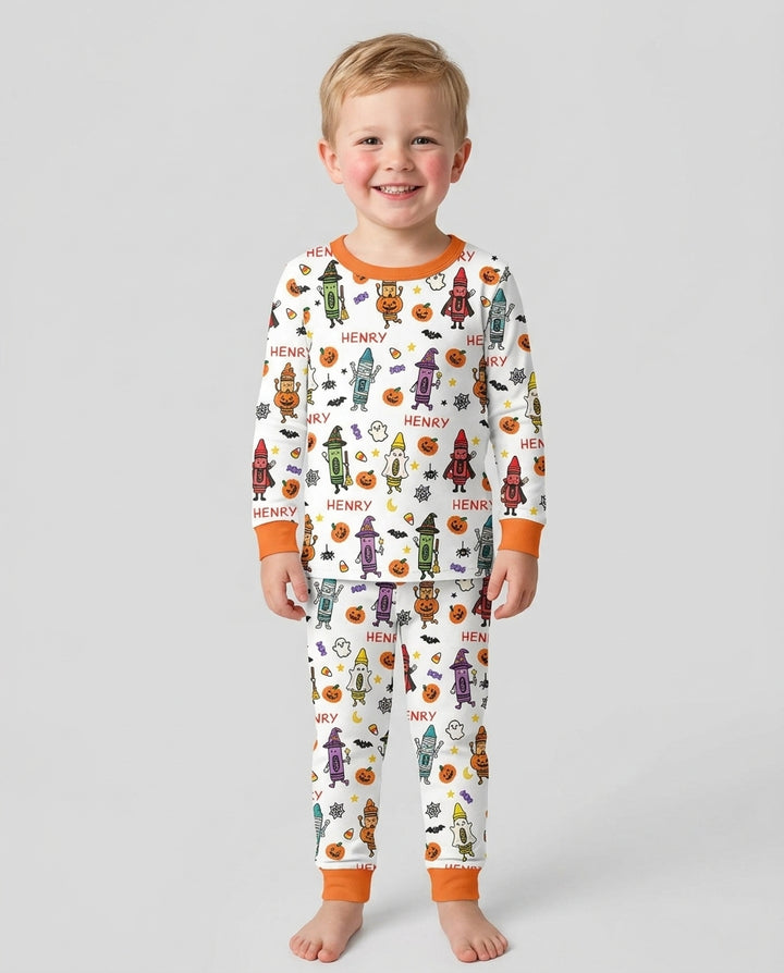 Custom Name Halloween Crayon Bamboo Two Piece Long Sleeve Pajama Set