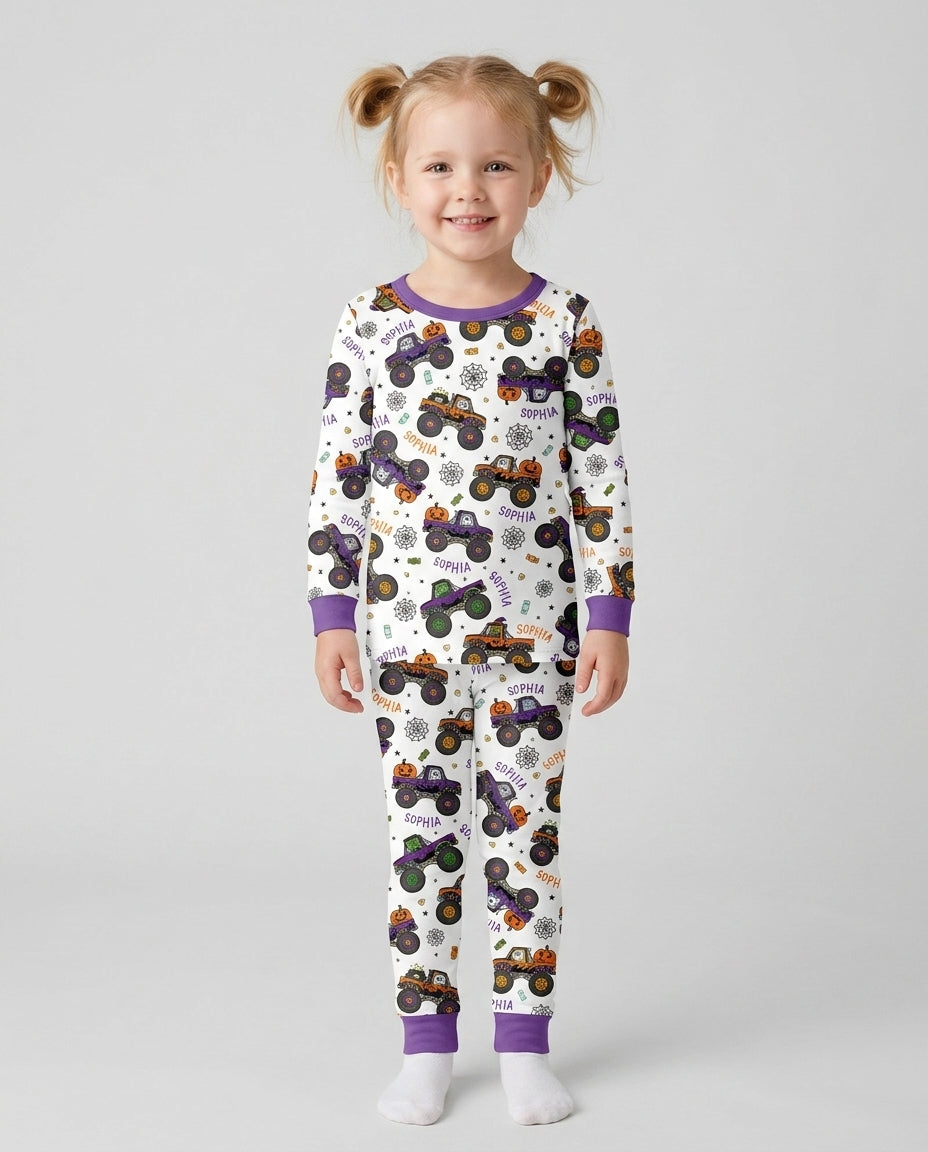 Custom Name Halloween Monster Truck Bamboo Two Piece Long Sleeve Pajama Set