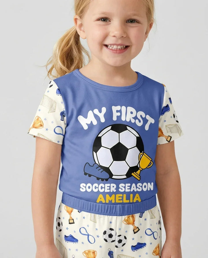 Custom Name My First Soccer Season Bamboo Two Piece Short Sleeve Shorts Pajama Set