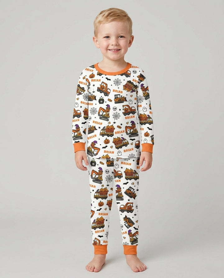 Custom Name Halloween Construction Trucks Bamboo Two Piece Long Sleeve Pajama Set