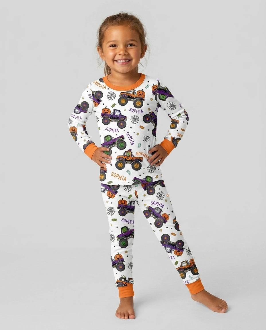 Custom Name Halloween Monster Truck Bamboo Two Piece Long Sleeve Pajama Set