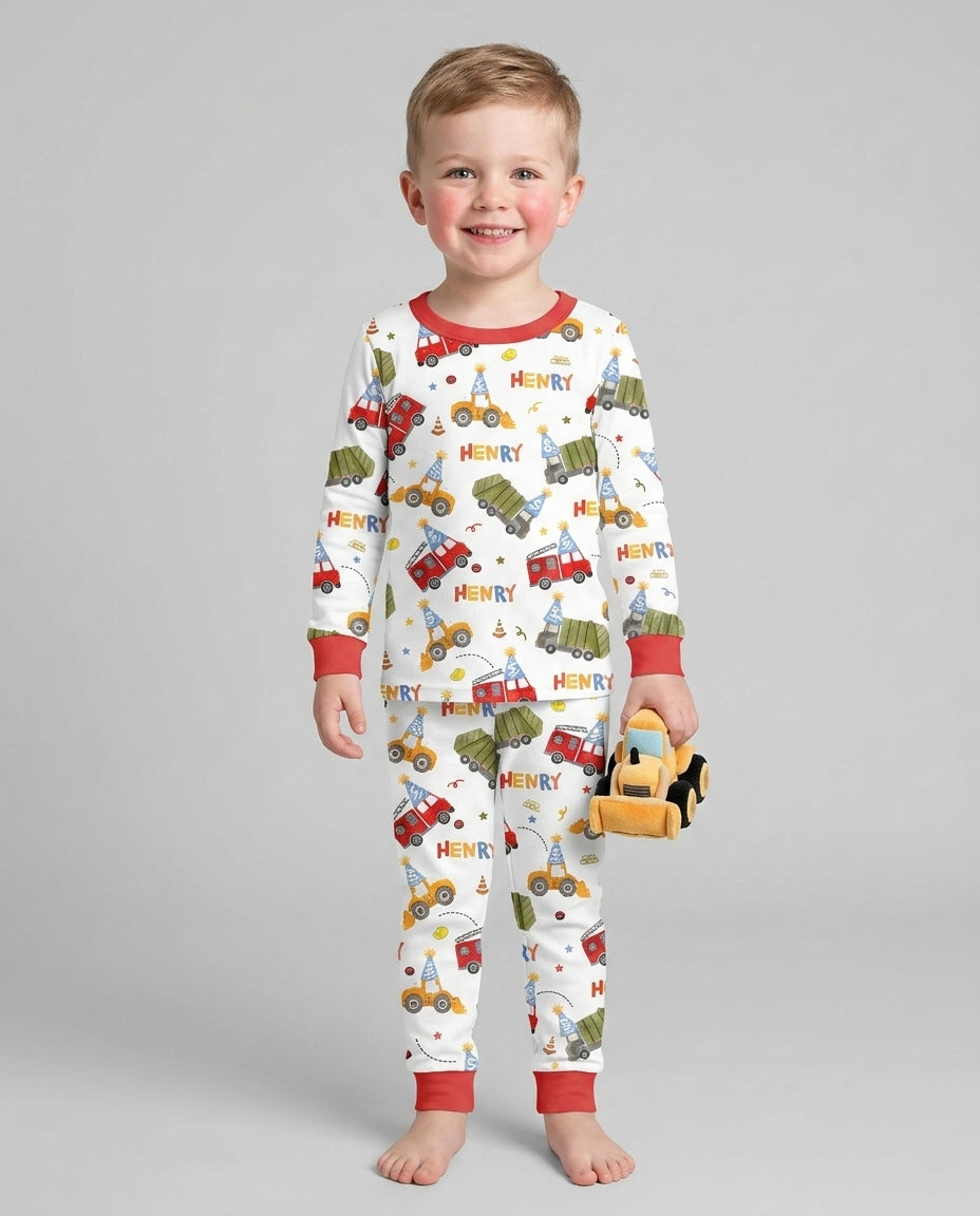 Personalized Birthday Trucks Bamboo Two Piece Long Sleeve Pajama Set
