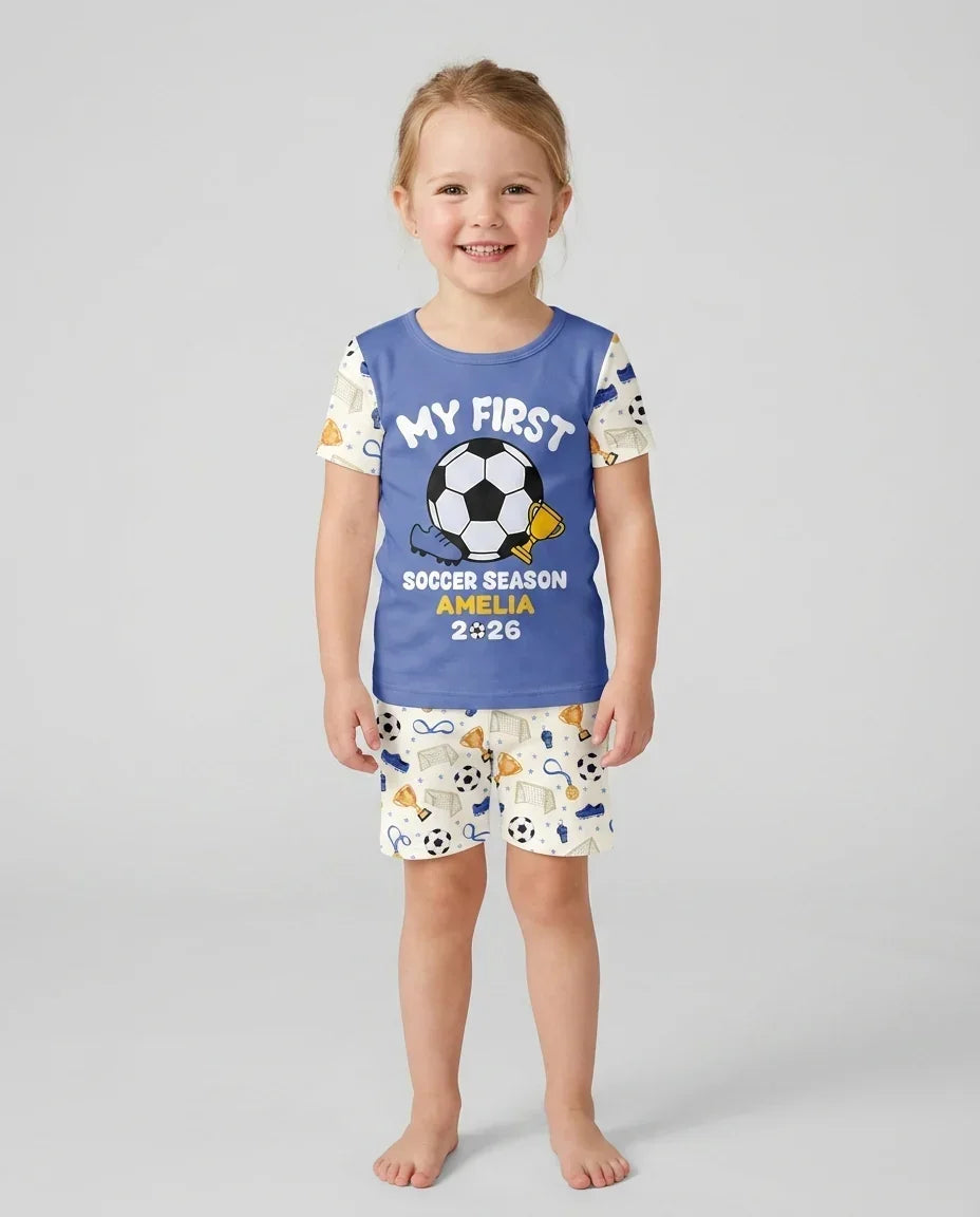 Custom Name My First Soccer Season Bamboo Two Piece Short Sleeve Shorts Pajama Set