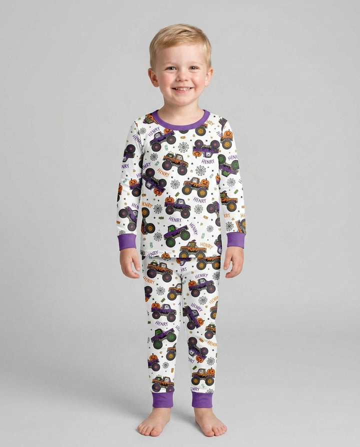 Custom Name Halloween Monster Truck Bamboo Two Piece Long Sleeve Pajama Set