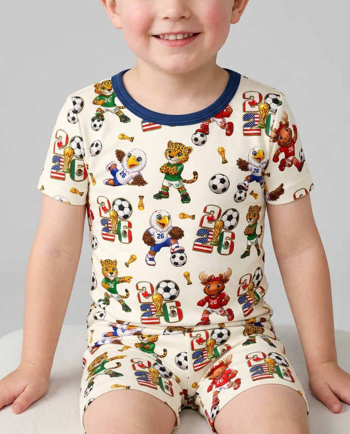 Cute Soccer Mascots USA CAN MEX Bamboo Two Piece Short Sleeve Shorts Pajama Set