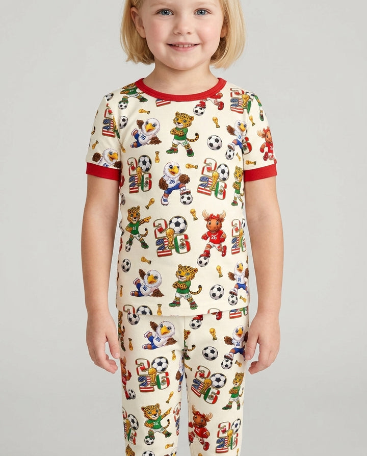 Cute Soccer Mascots USA CAN MEX Bamboo Two Piece Short Sleeve Pajama Set