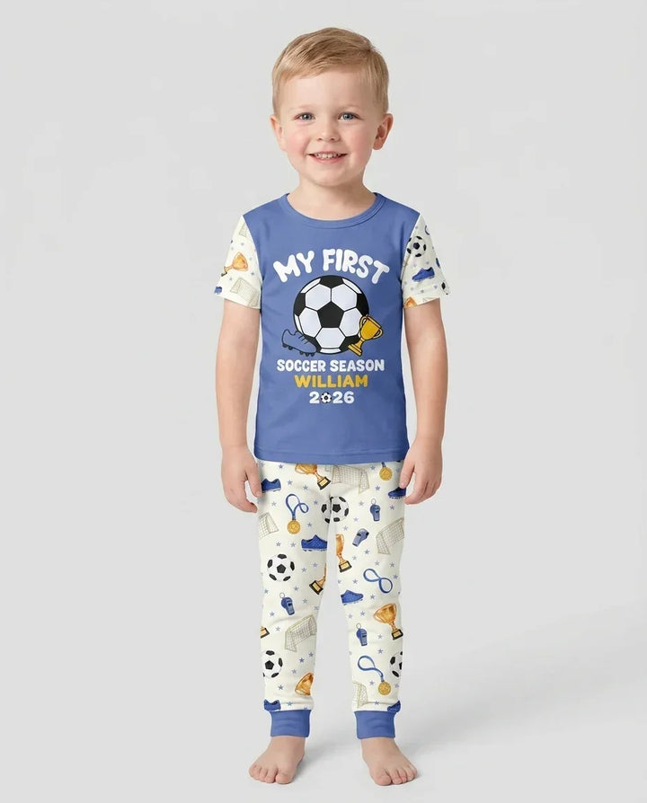 Custom Name My First Soccer Season Bamboo Two Piece Short Sleeve Pajama Set