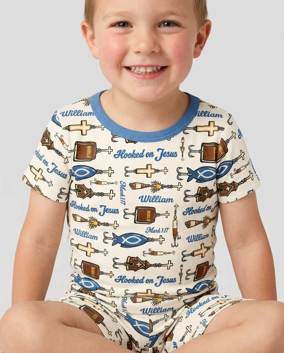 Hooked On Jesus Bamboo Two Piece Short Sleeve Shorts Pajama Set