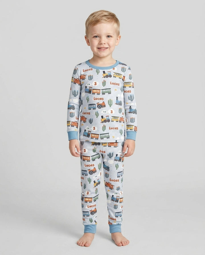 Personalized Train Birthday Bamboo Two Piece Long Sleeve Pajama Set