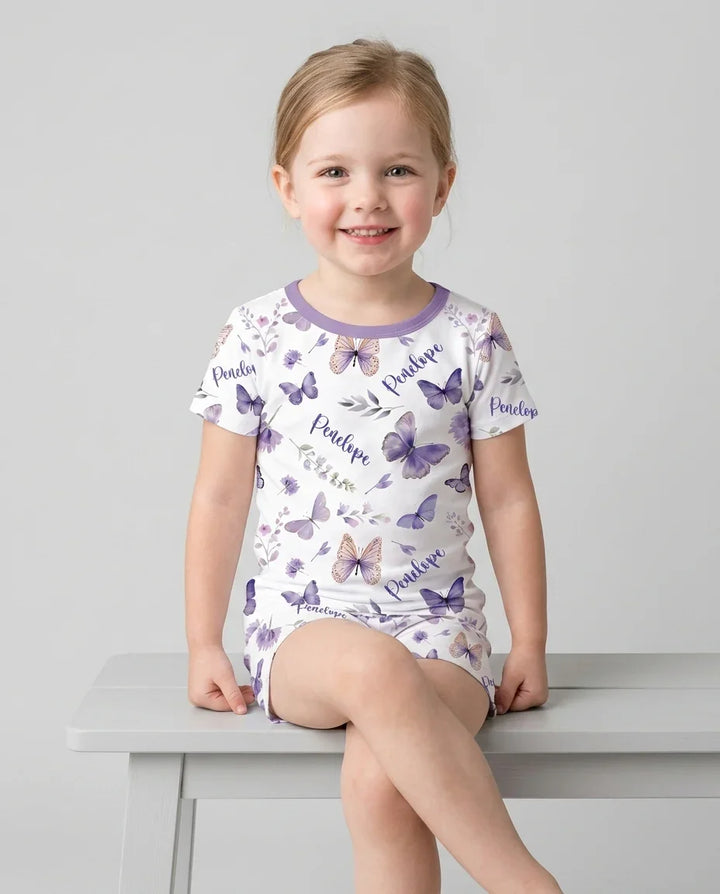 Custom Name Lilac Bloom Bamboo Two Piece Short Sleeve Shorts Pajama Set
