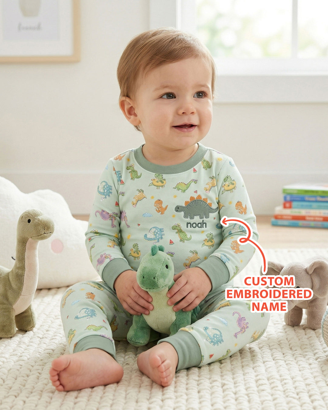 Custom Embroidered Name Summer Dinosaur Bamboo Two Piece Long Sleeve Pajama Set