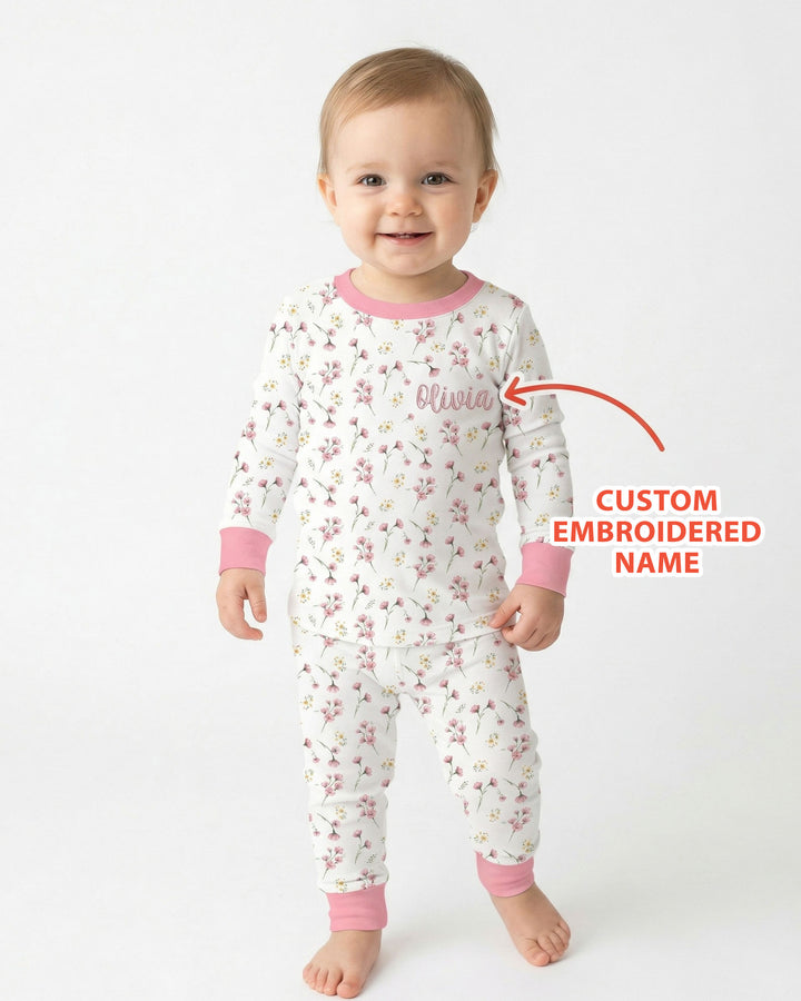 Custom Embroidered Name Floral Whispers Bamboo Two Piece Long Sleeve Pajama Set