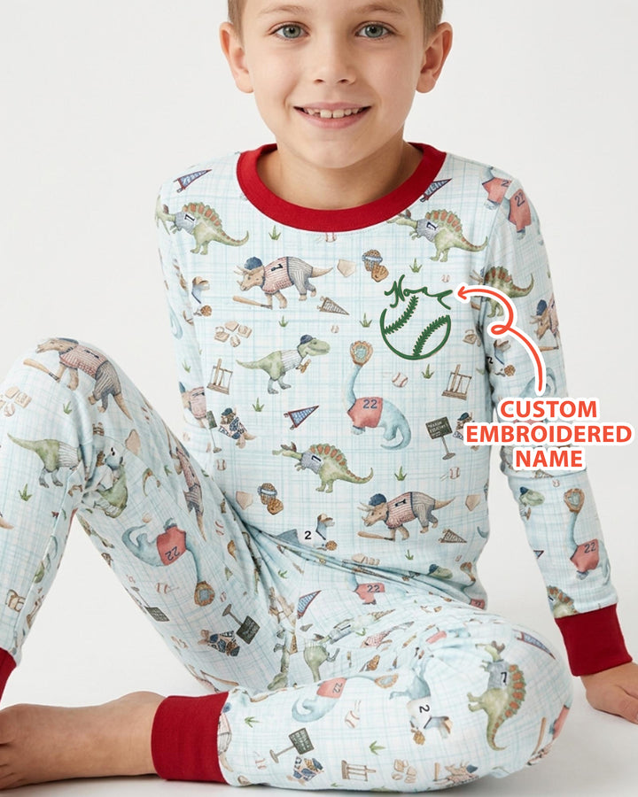 Custom Embroidered Dinosaurs Baseball  Bamboo Two Piece Long Sleeve Pajama Set