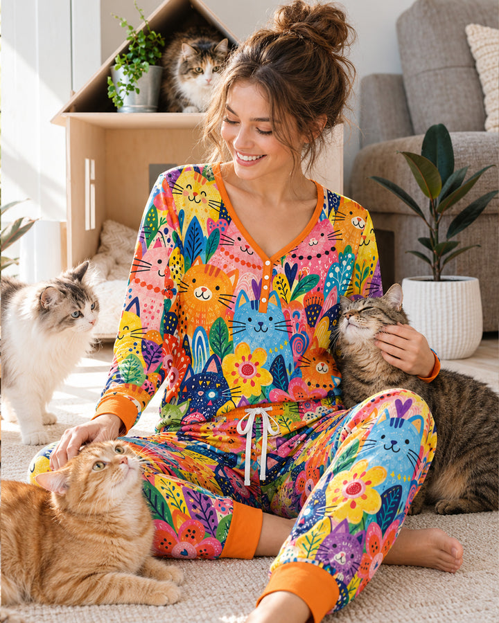 Colorful Lovely Cat Bamboo Women Pajama Set