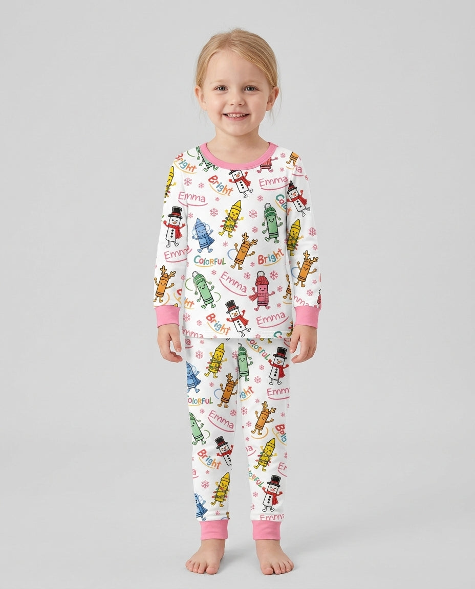 Custom Name Bright & Colorful Bamboo Two Piece Long Sleeve Pajama Set