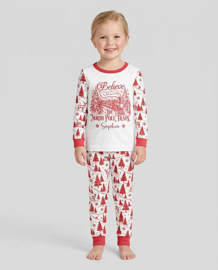 Custom Name North Pole Train Bamboo Two Piece Long Sleeve Pajama Set