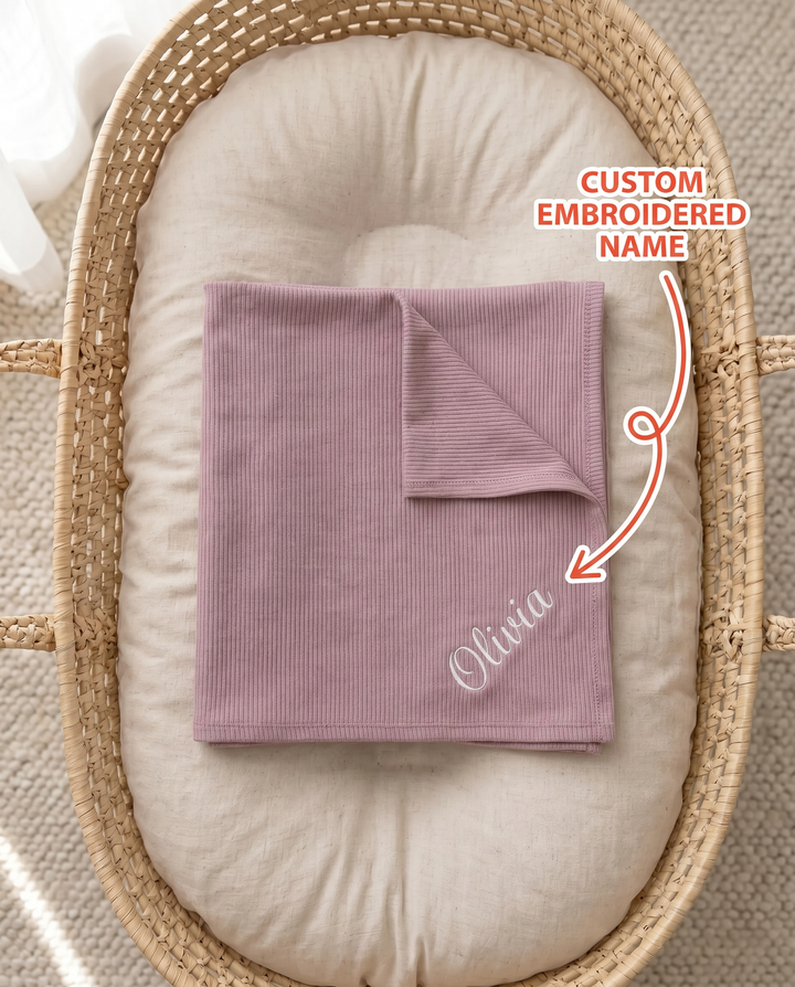 Personalized Baby Sheep Embroidered Ribbed Bamboo Blanket