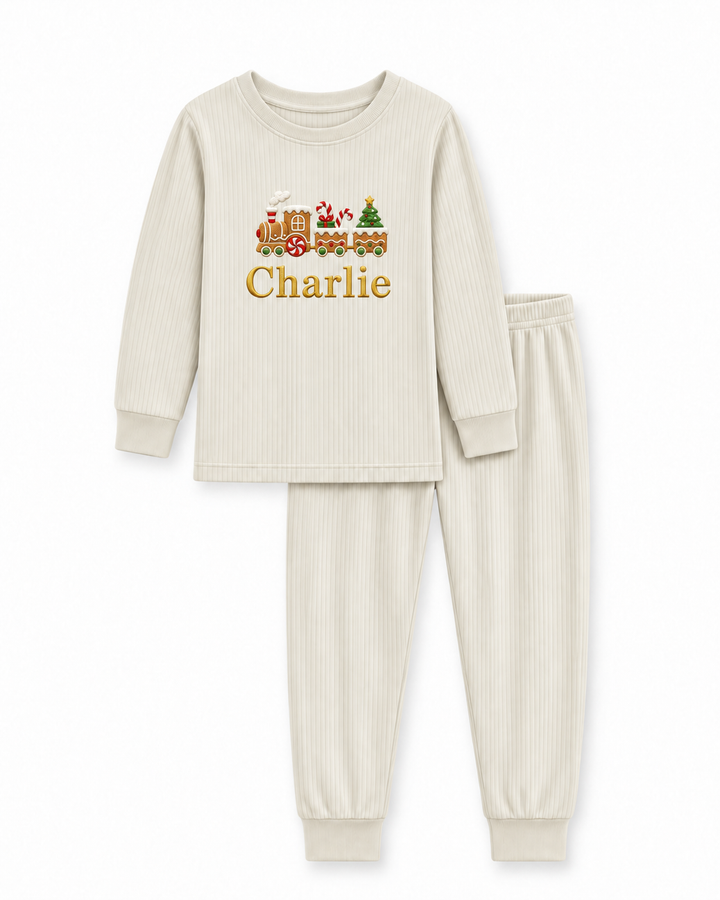 Gingerbread Train Embroidered Ribbed Bamboo Two Piece Long Sleeve Pajama Set