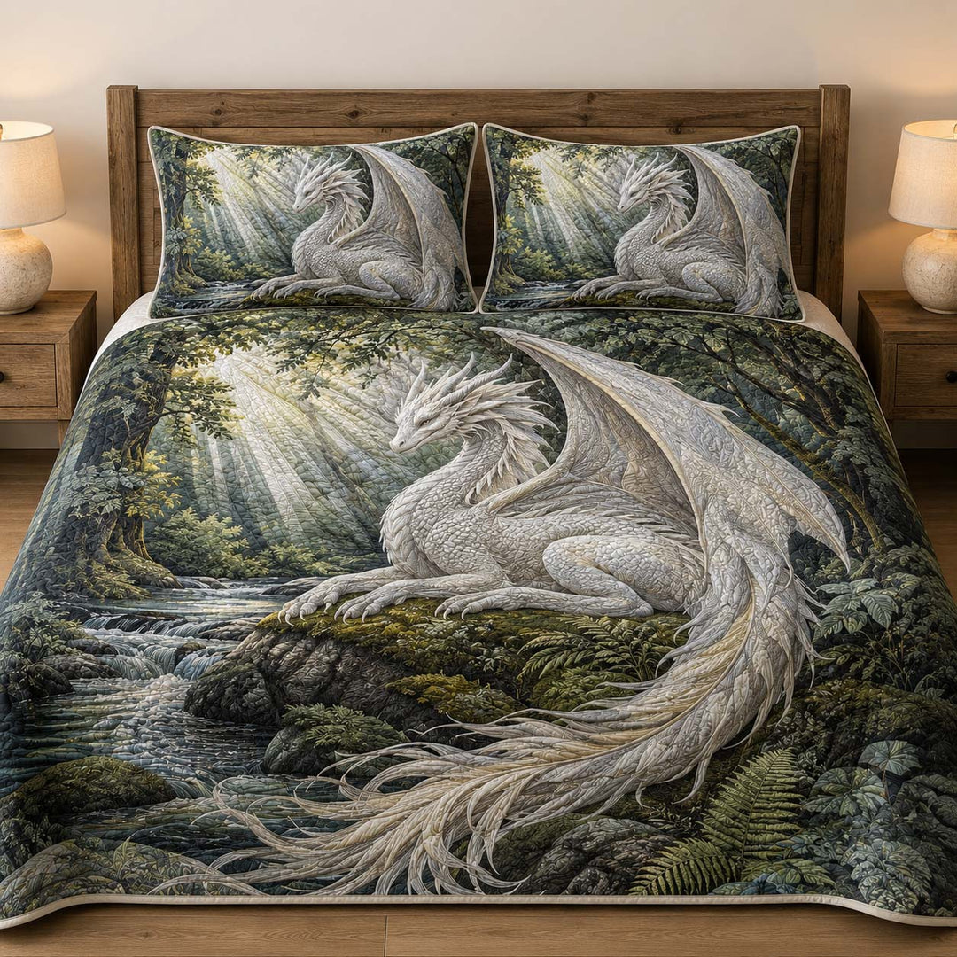 Ivory Forest Guardian Dragon Bamboo Quilt Bedding Set
