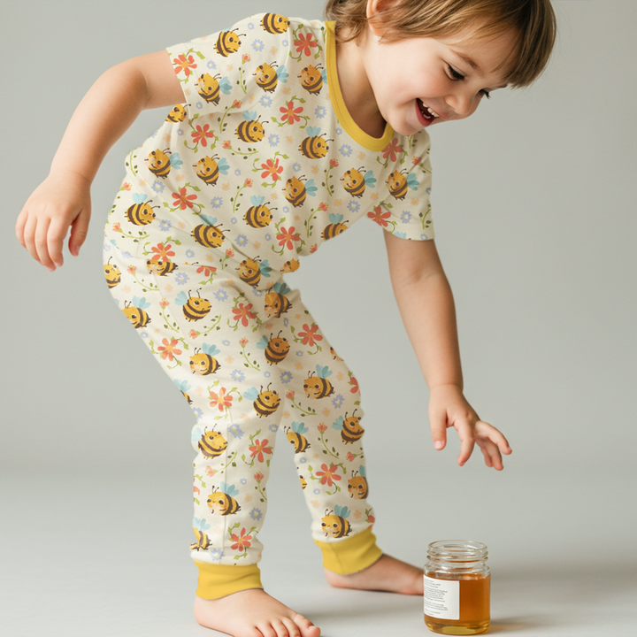 Bees And Flowers Two Piece Short Sleeve Pajama Set