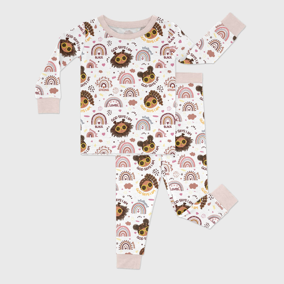 Afro African American Girl Two Piece Long Sleeve Pajama Set