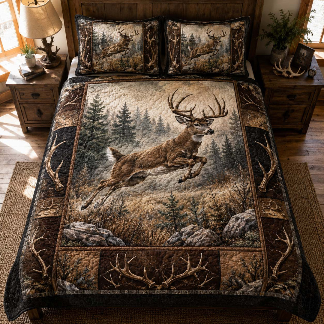 Leaping Whitetail Forest Bamboo Quilt Bedding Set