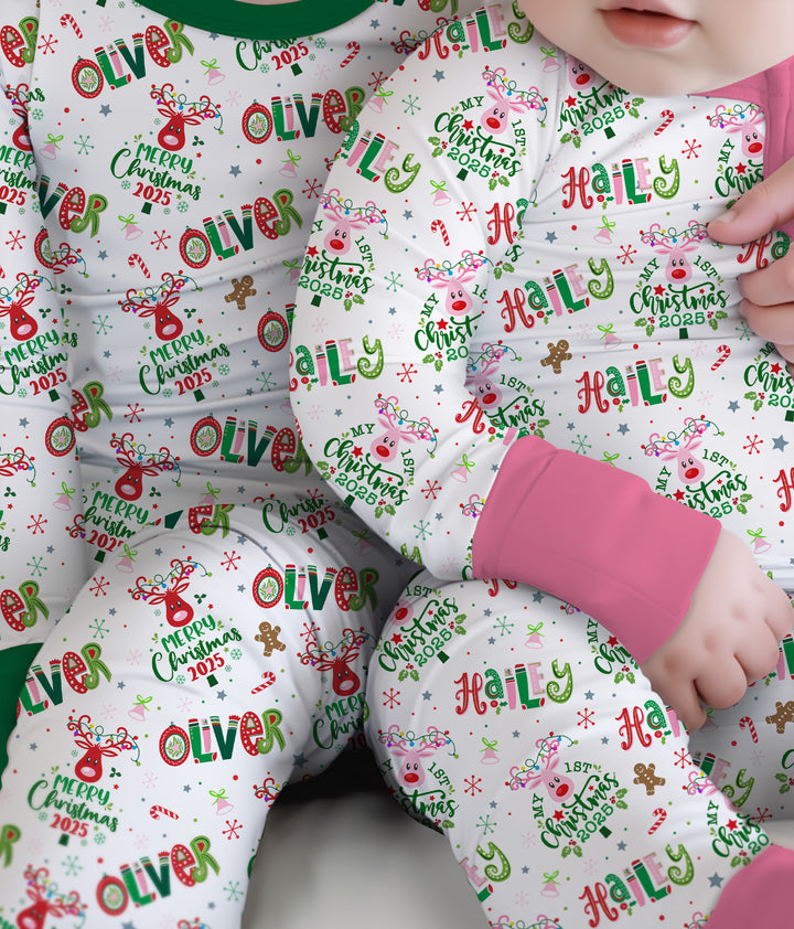 Custome Name "Whimsical Little Green" Two Piece Long Sleeve Pajama Set