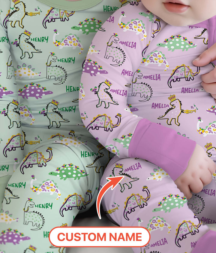 Custom Name Mardi Gras Saurus Two Piece Long Sleeve Pajama Set
