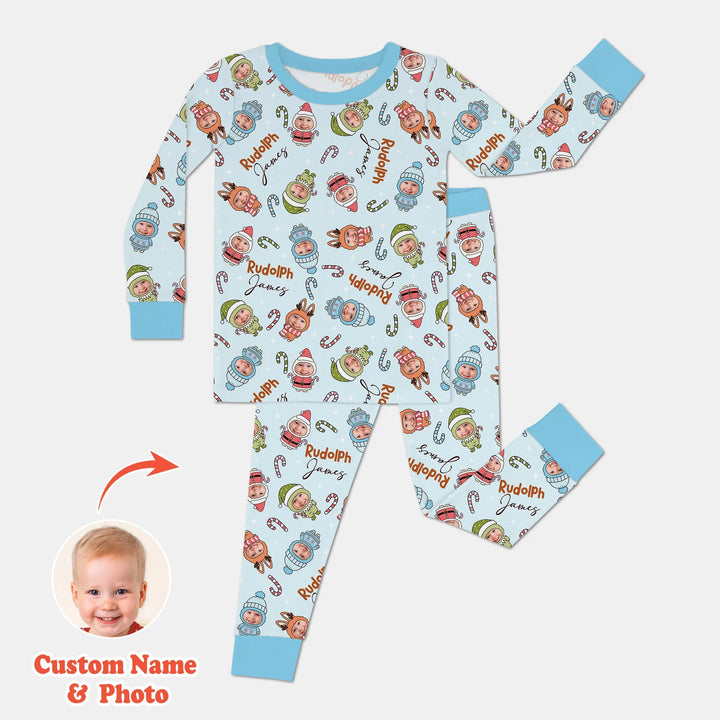 Custom Baby Photo Christmas Bear Two Piece Long Sleeve Pajama Set