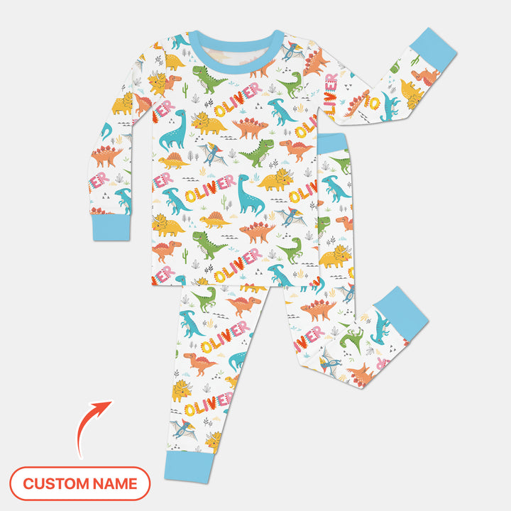 Dino Adventure Custom Name Two Piece Long Sleeve Pajama Set