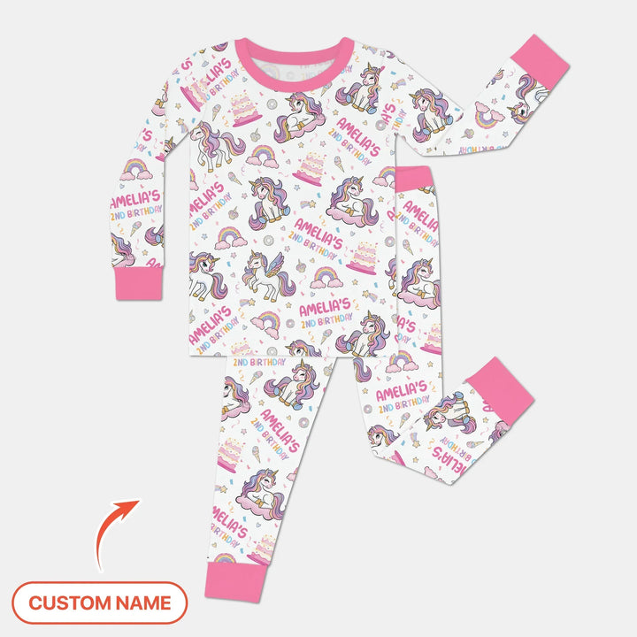 Custom Name Little Unicorn's Birthday Two Piece Long Sleeve Pajama Set