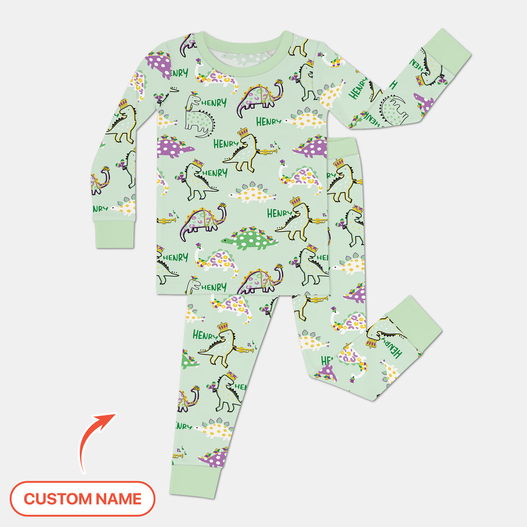 Custom Name Mardi Gras Saurus Two Piece Long Sleeve Pajama Set