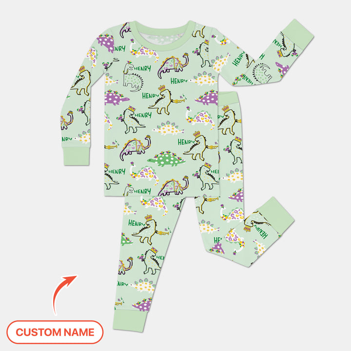 Custom Name Mardi Gras Saurus Two Piece Long Sleeve Pajama Set