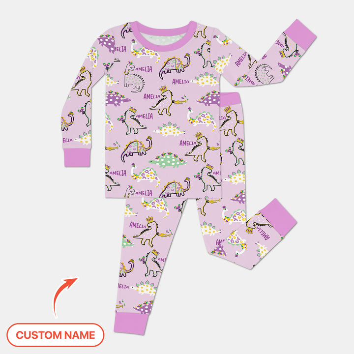 Custom Name Mardi Gras Saurus Two Piece Long Sleeve Pajama Set