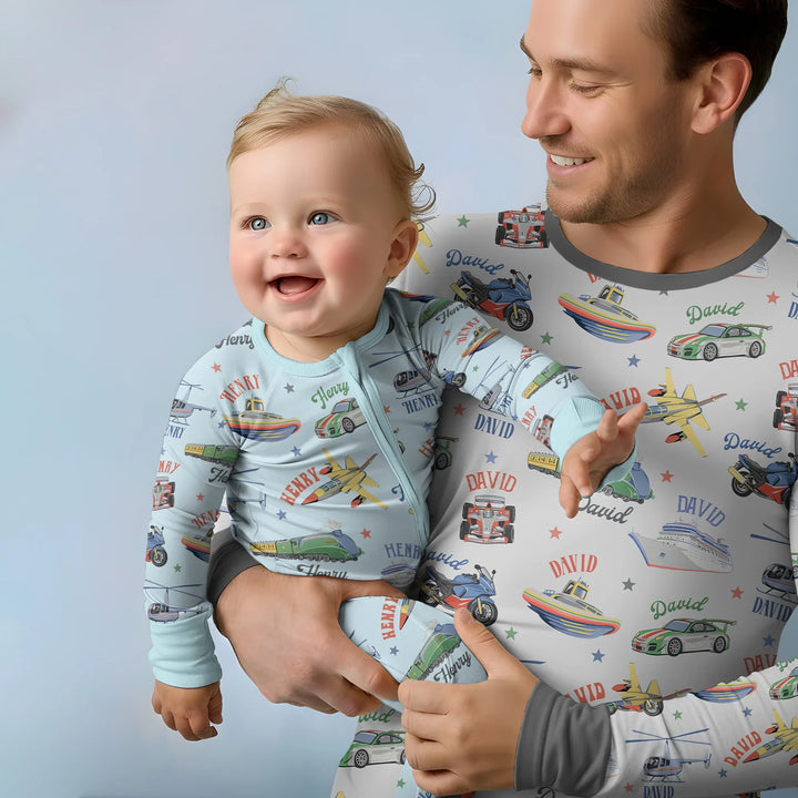 Conjunto de pijama de bambú para hombre a juego de padre e hijo con nombre personalizado Fast Lane