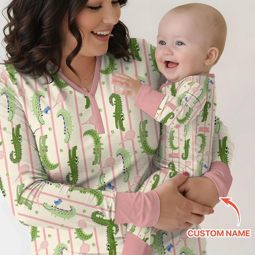 Custom Name Tennis Crocodiles Bamboo Two Piece Long Sleeve Pajama Set