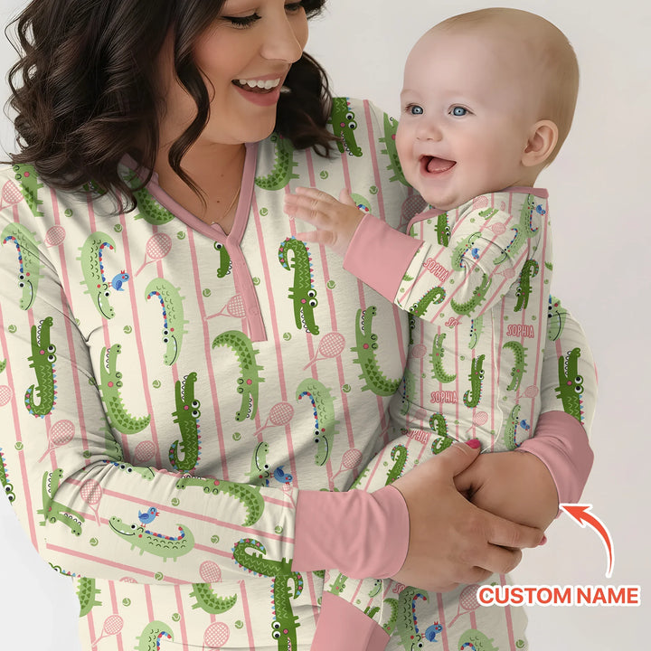 Custom Name Tennis Crocodiles Bamboo Two Piece Long Sleeve Pajama Set