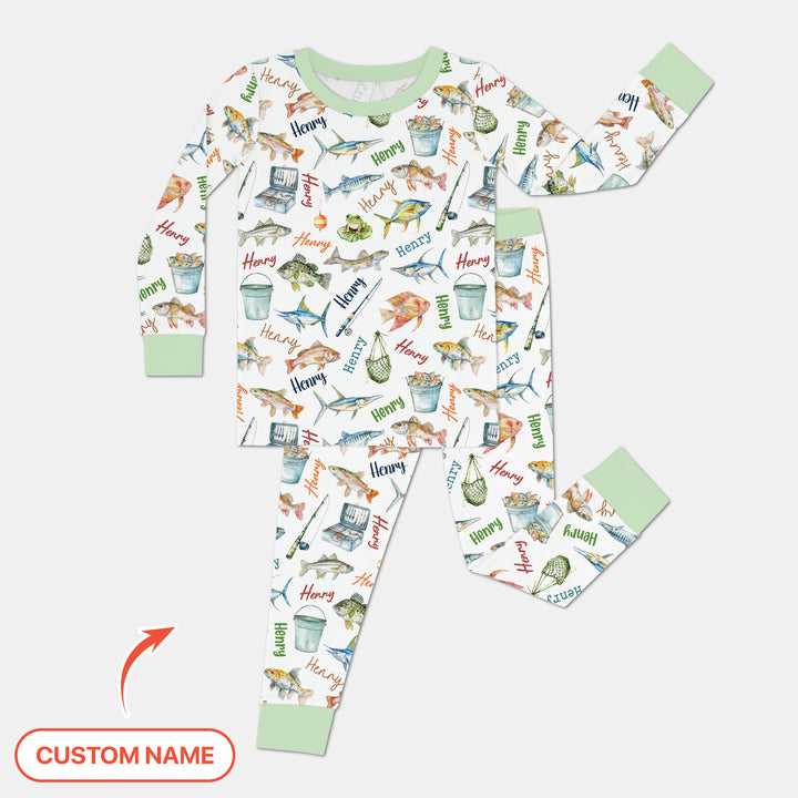 Happy Fishing Adventure Custom Name Two Piece Long Sleeve Pajama Set