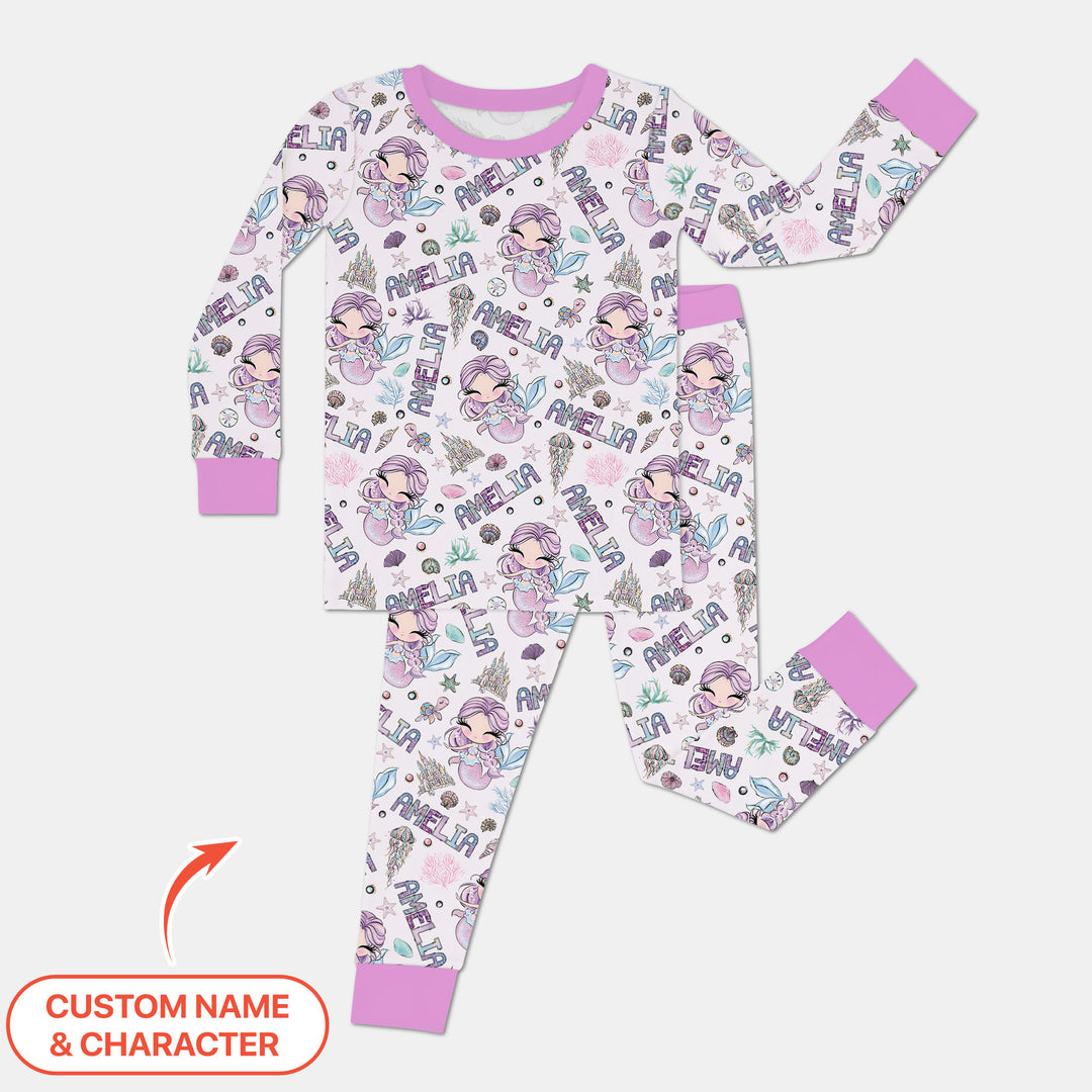 Custom Name Doodle Little Mermaid Two Piece Long Sleeve Pajama Set