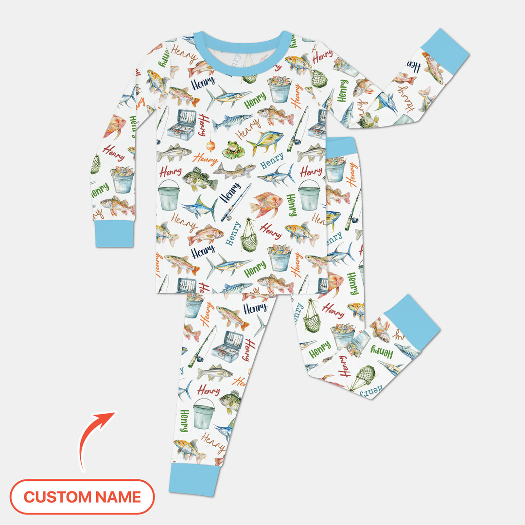 Happy Fishing Adventure Custom Name Two Piece Long Sleeve Pajama Set