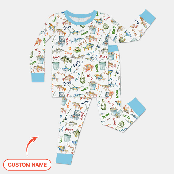 Happy Fishing Adventure Custom Name Two Piece Long Sleeve Pajama Set