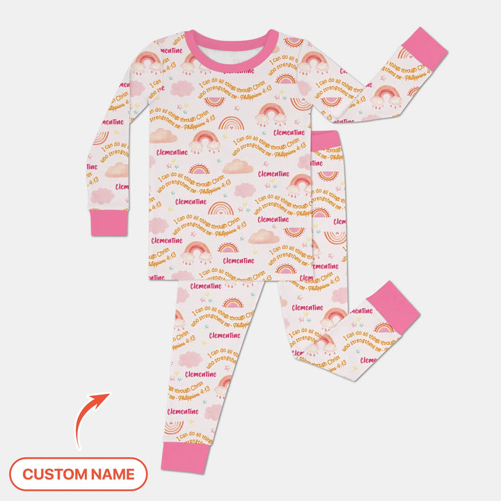I Can Do All Things Through Christ Custom Name Two Piece Long Sleeve Pajama Set , I Can Do All Things Through Christ Custom Name Two Piece Long Sleeve Pajama Set - 12-18M