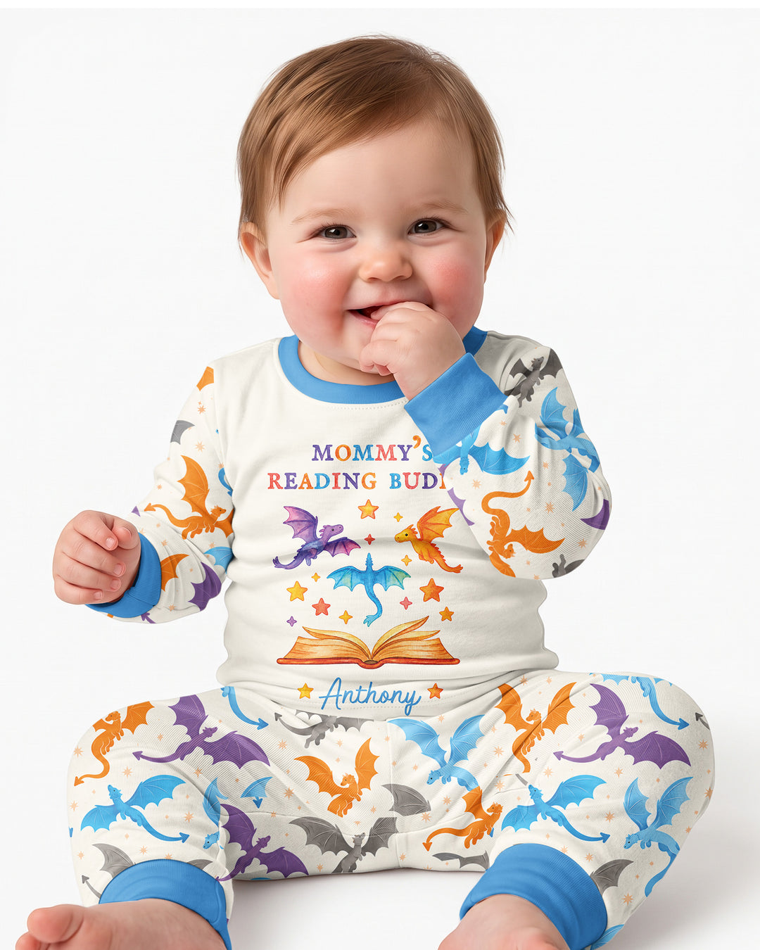 Custom Name Dragon Reading Buddy Bamboo Two Piece Long Sleeve Pajama Set