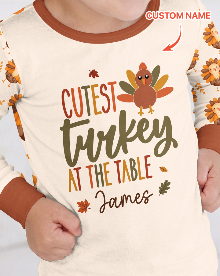 Custom Name Cutest Turkey At The Table Bamboo Two Piece Long Sleeve Pajama Set