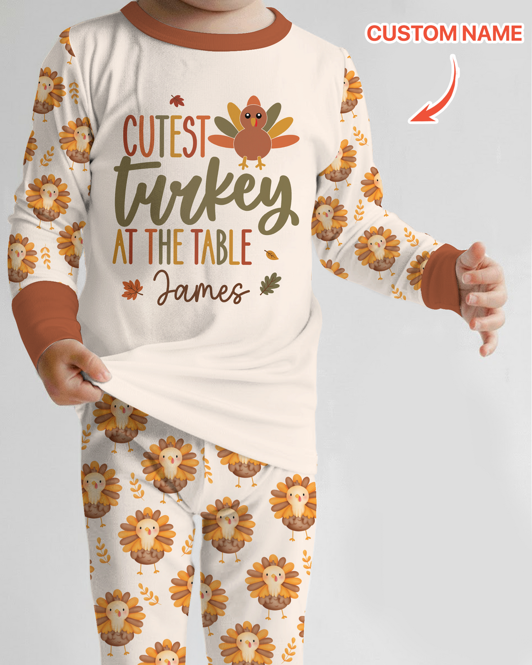 Custom Name Cutest Turkey At The Table Bamboo Two Piece Long Sleeve Pajama Set